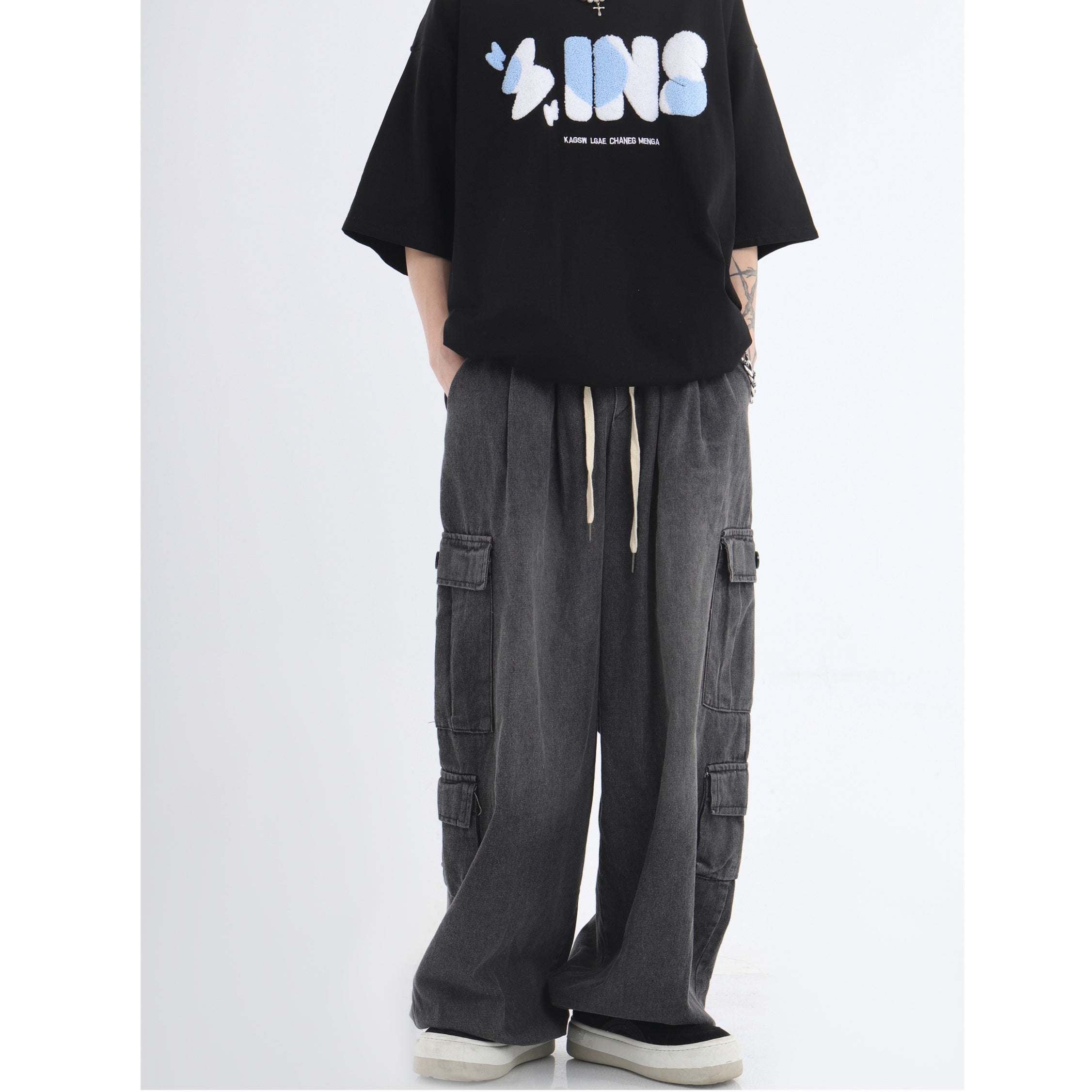 Drawstring Washed Loose Casual Cargo Jeans IN7032
