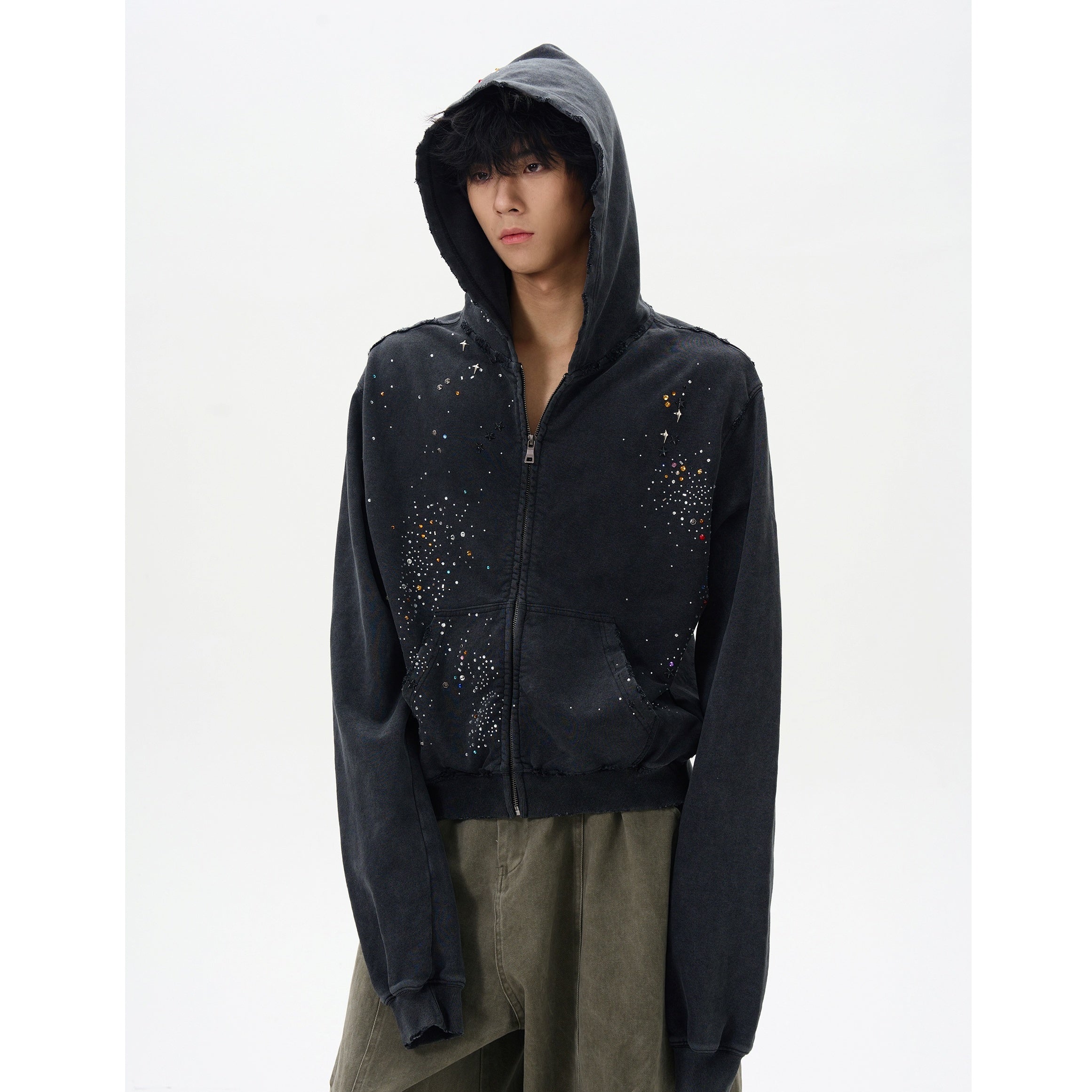 Rhinestone Zipper Hooded Sweat MB7342