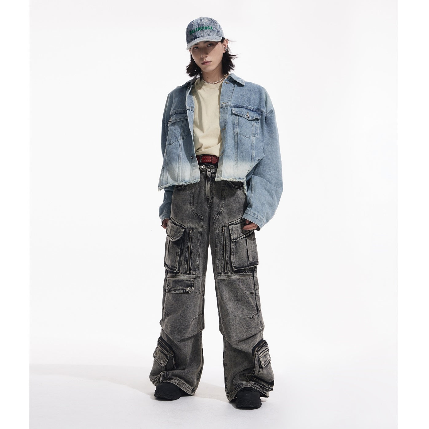 Wide-leg Double Pocket Cargo Jeans MB7028