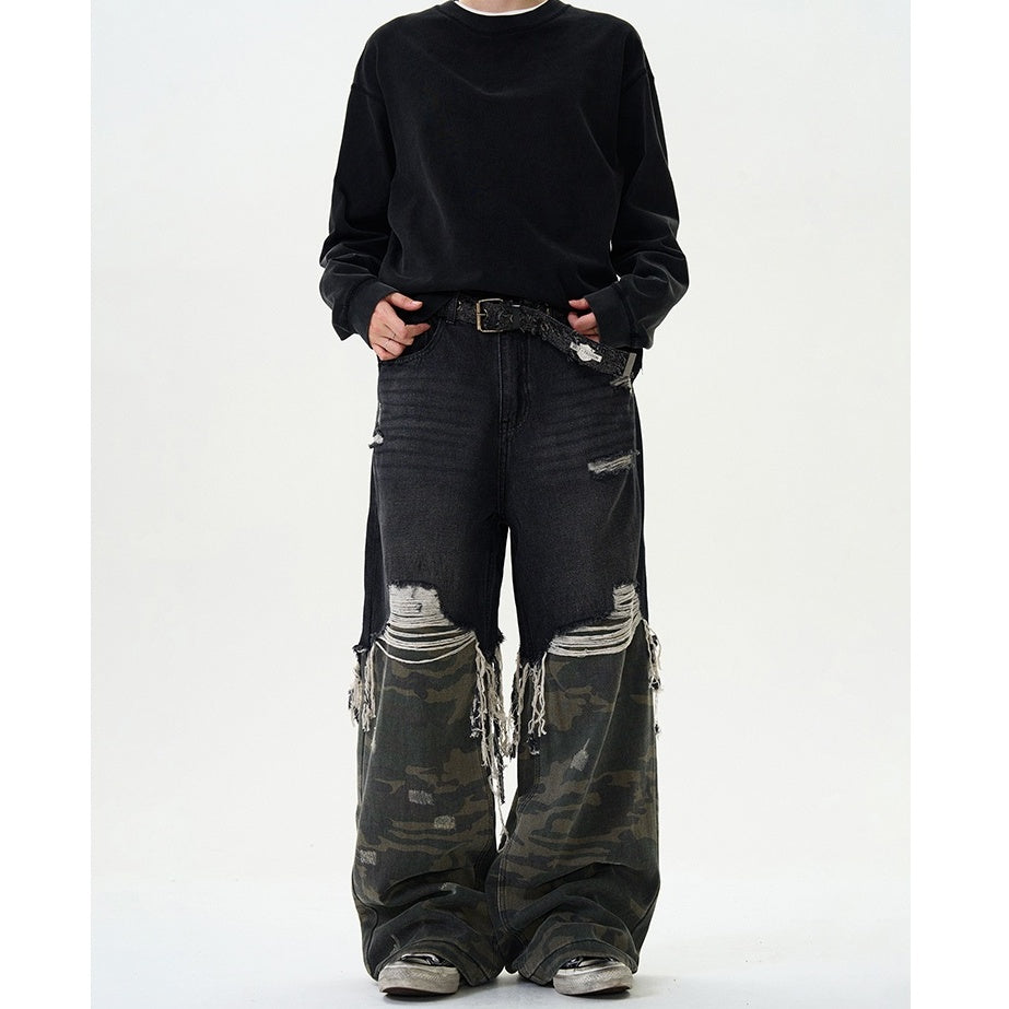 Camouflage Stitching Damage Loose Jeans MB7341