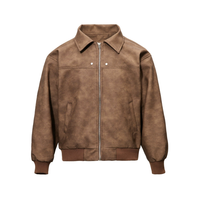 PU Leather Loose Distressed Work Jacket MB7249
