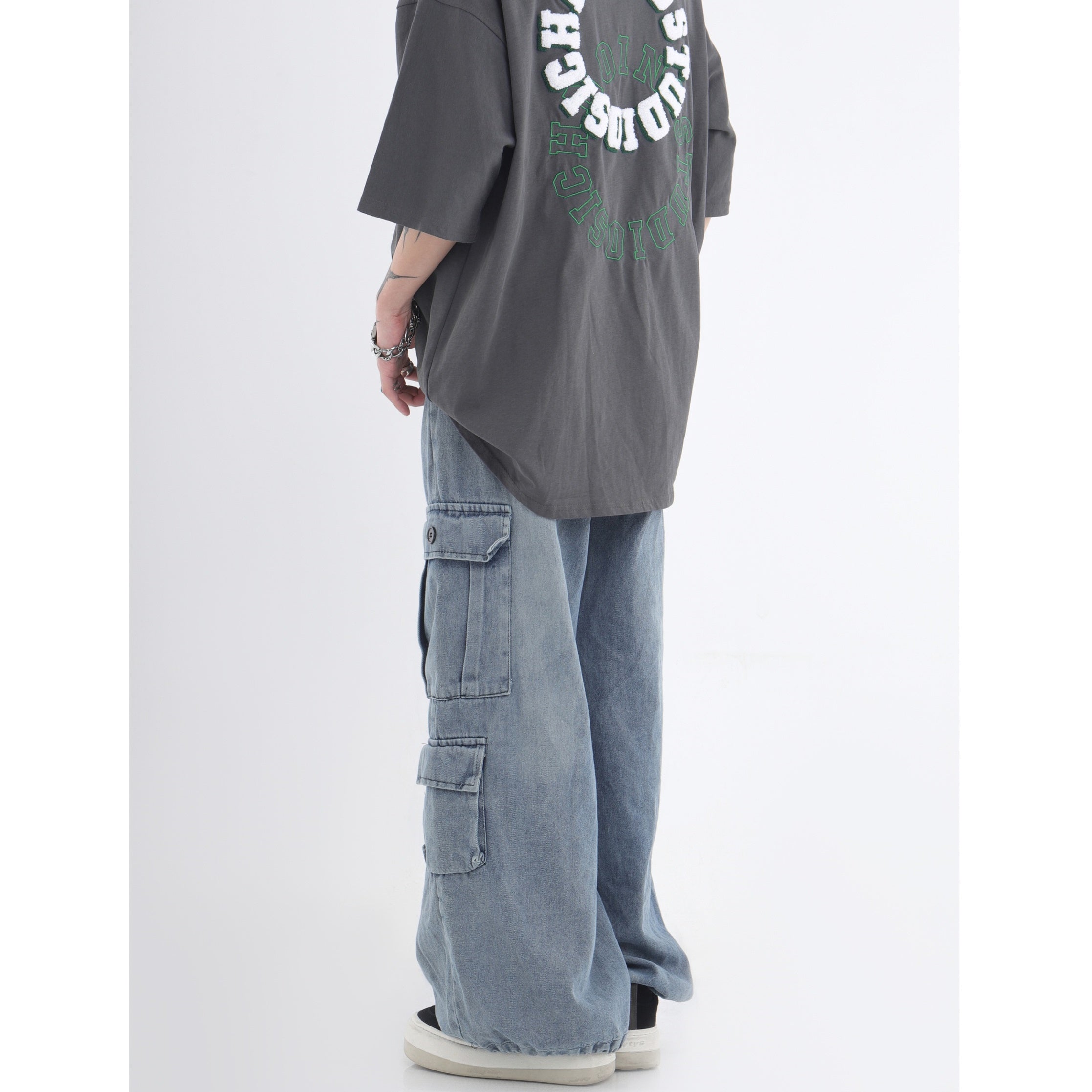 Drawstring Washed Loose Casual Cargo Jeans IN7032