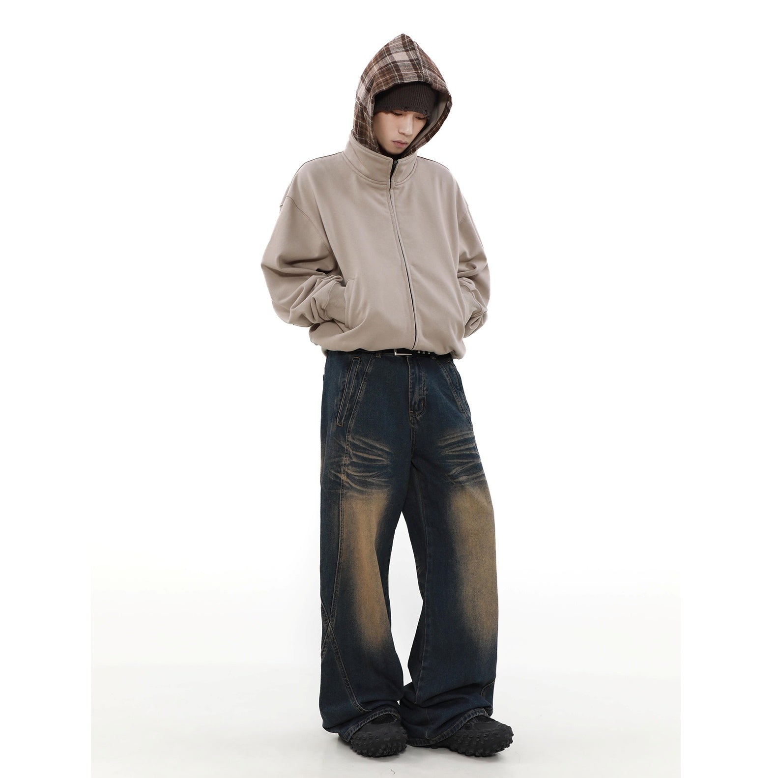 Check Hooded Stand Collar ZIP-Up Parka MB7234