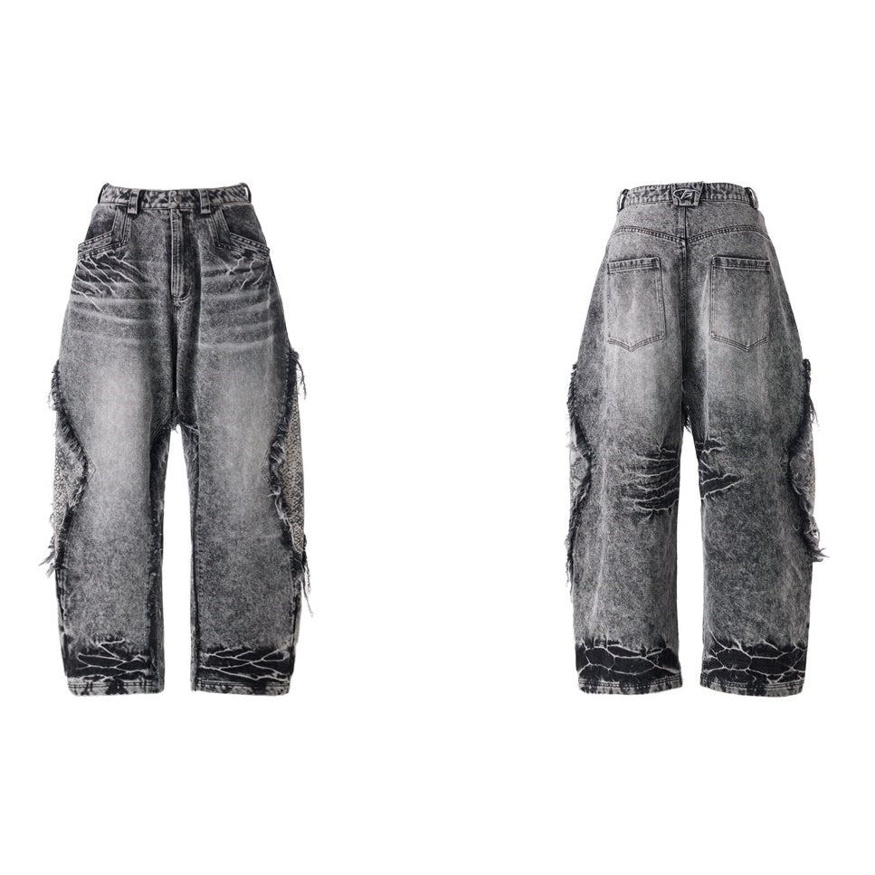 Raw-edged Snakeskin-panelled Washed Barrel Leg Jeans MB7326