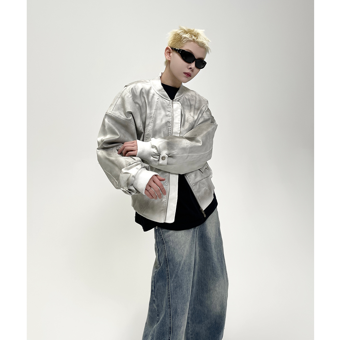 Dirty Washed Leather Baseball Jacket EAT070