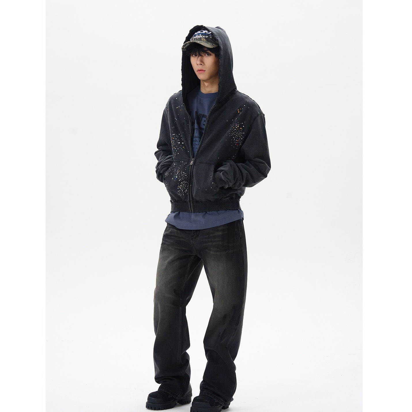 Rhinestone Zipper Hooded Sweat MB7342
