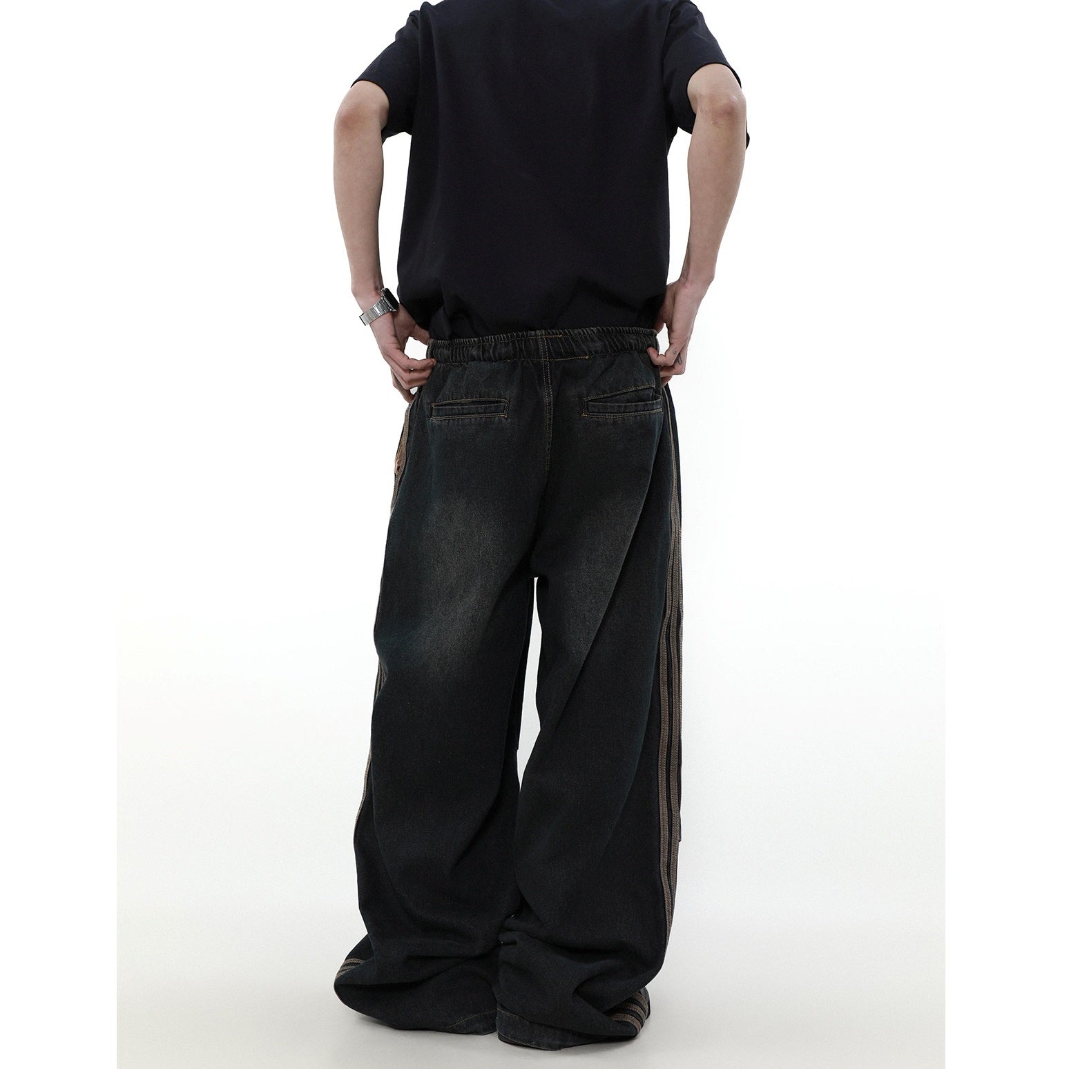 Pleated Design Side Line Wide-leg Straight Jeans MR015