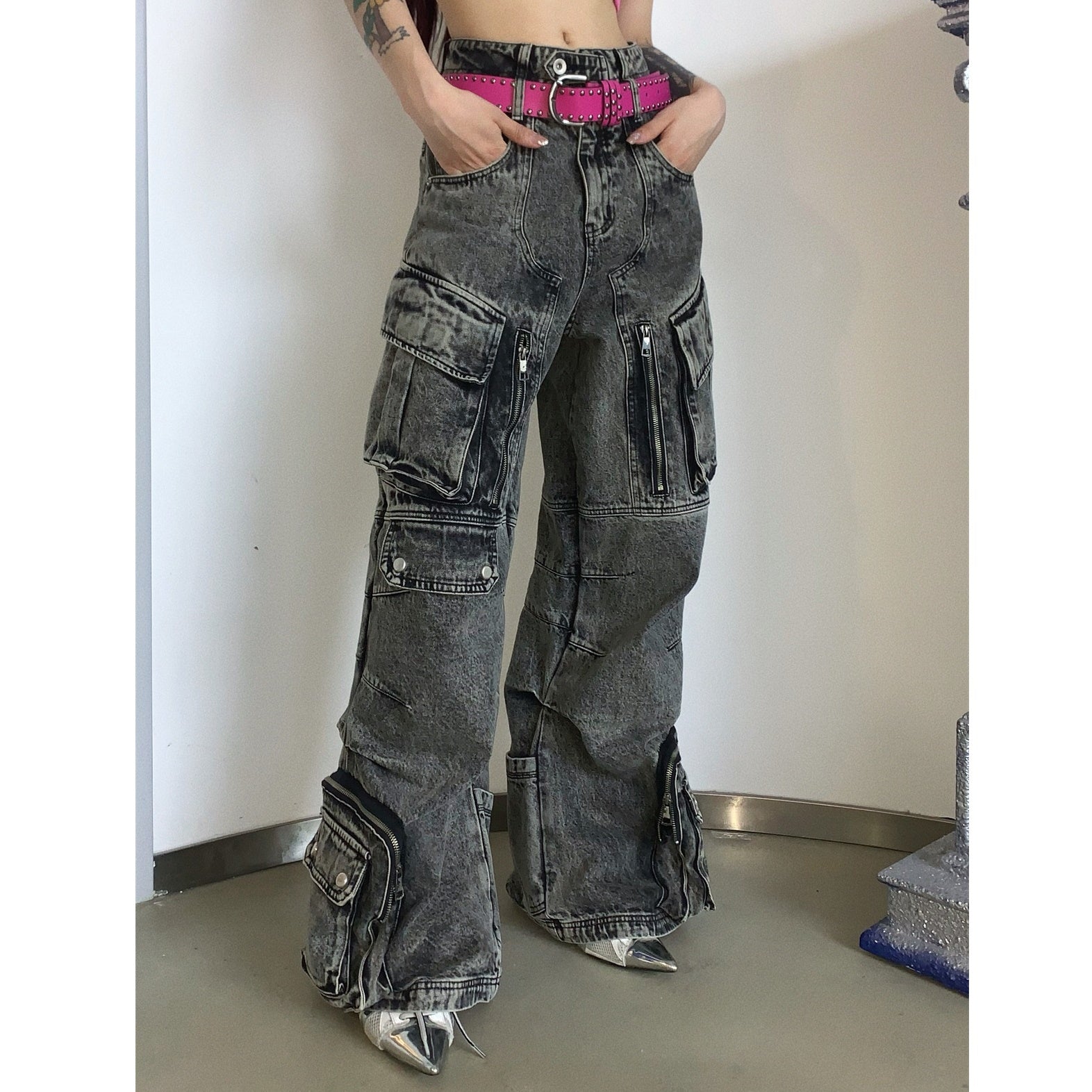 Wide-leg Double Pocket Cargo Jeans MB7028