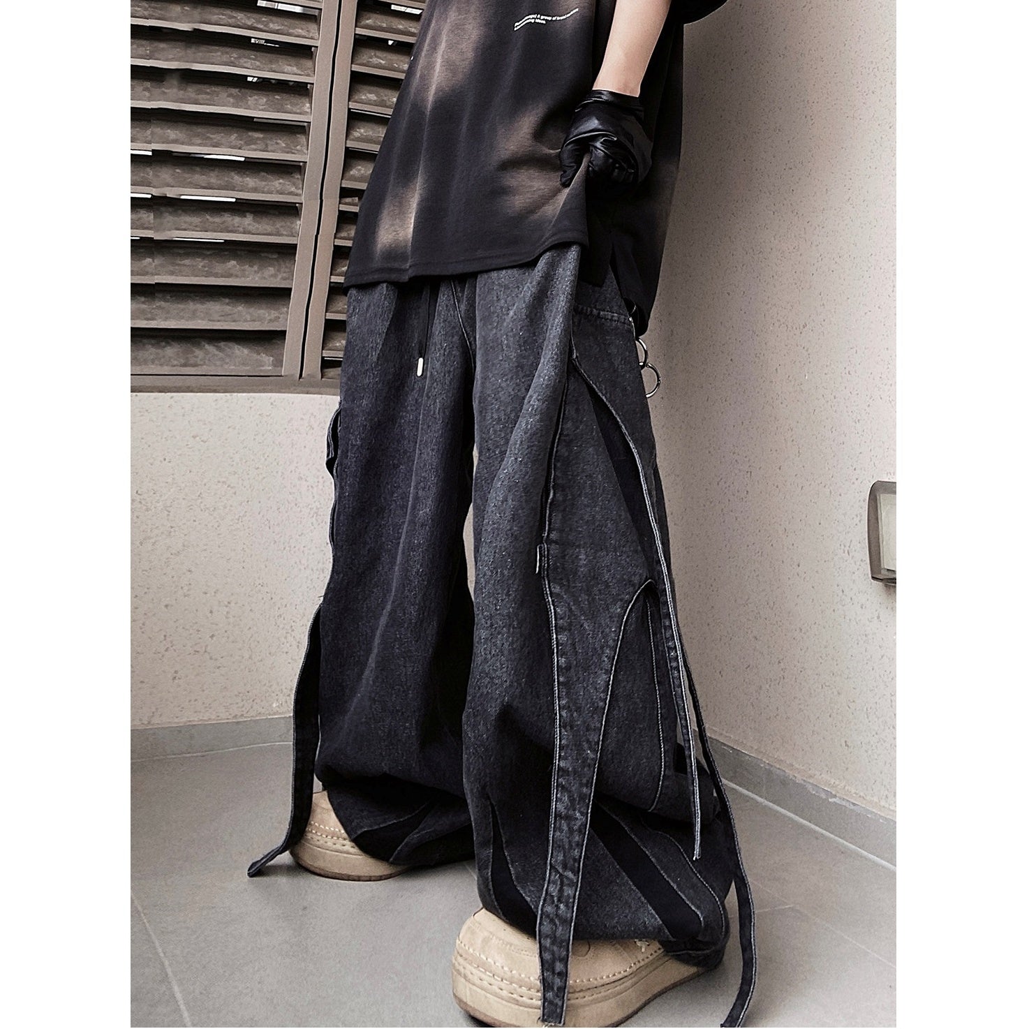 Long Strap Design Wide Cargo Jeans UU7025