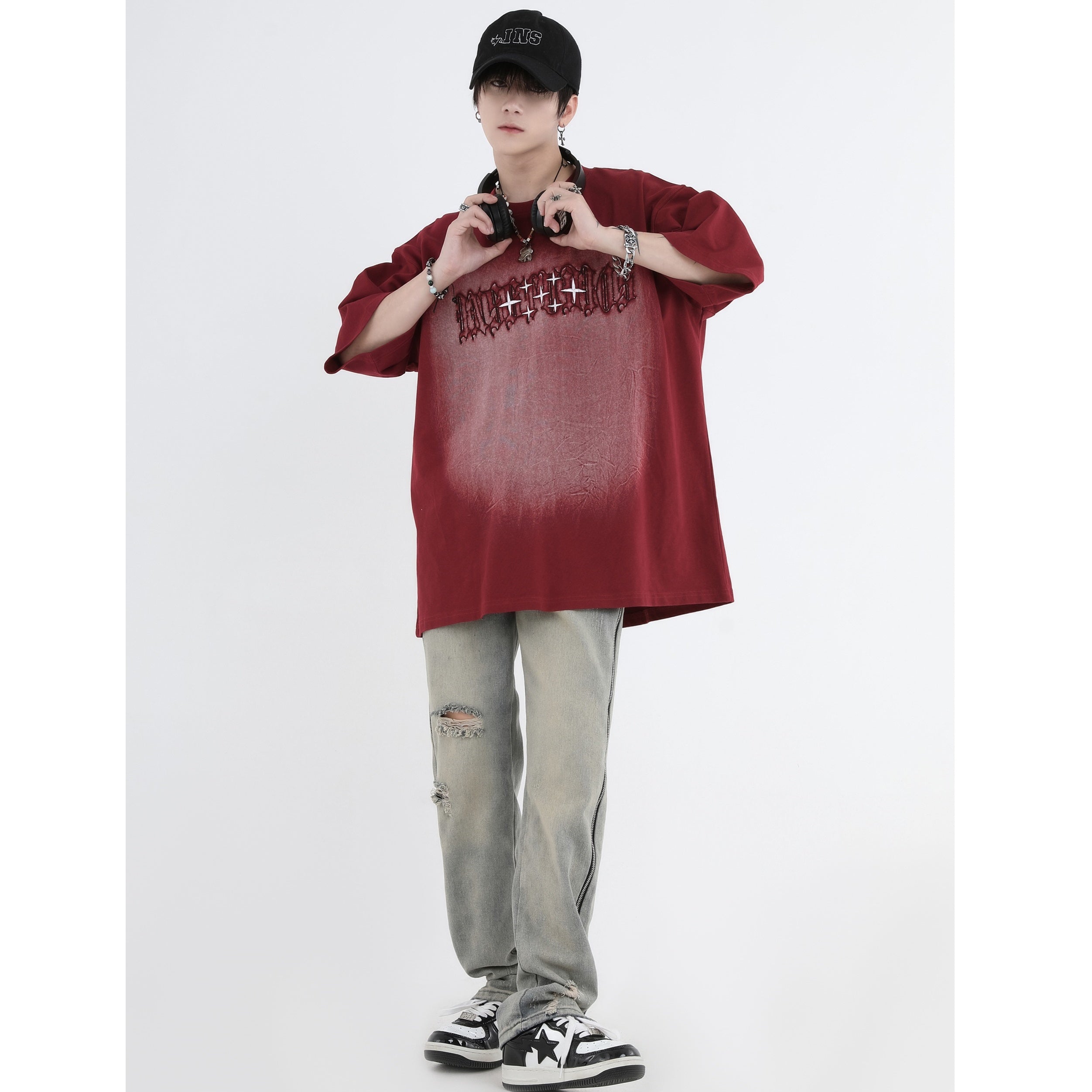Gothic Font Embroidery LOGO Wash T-Shirt IN7011