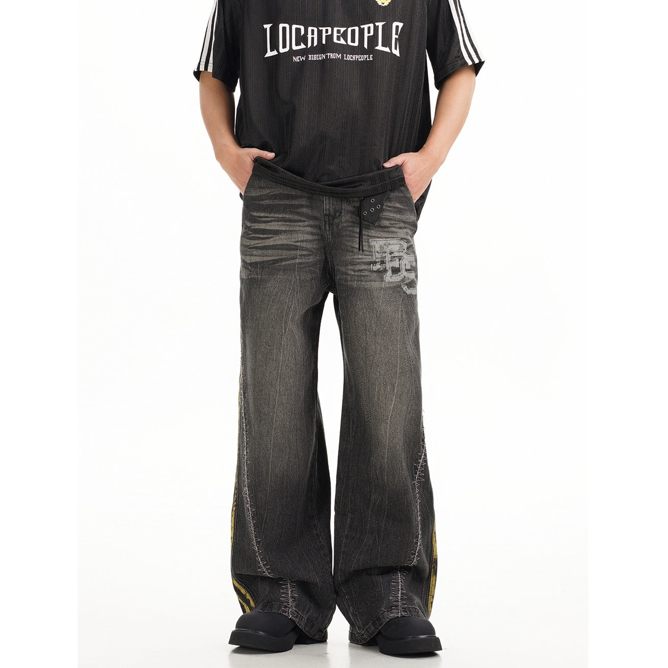 Three-bar Washed Loose Straight Jeans EAT080