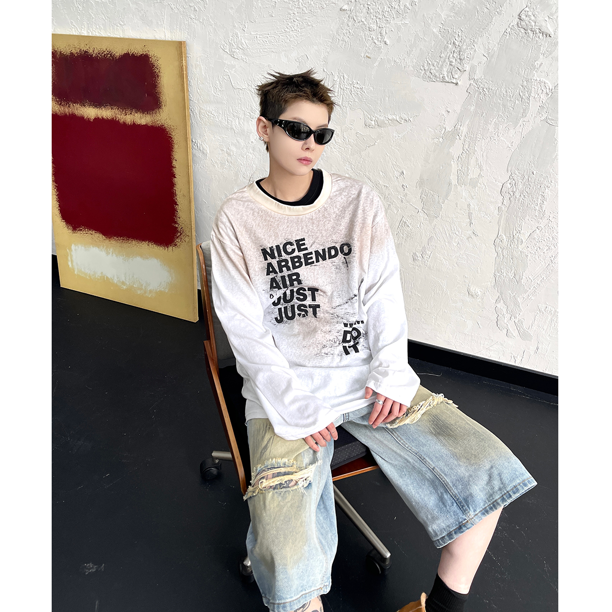 Letter Print Tie-dye Long Sleeve T-shirt EAT092