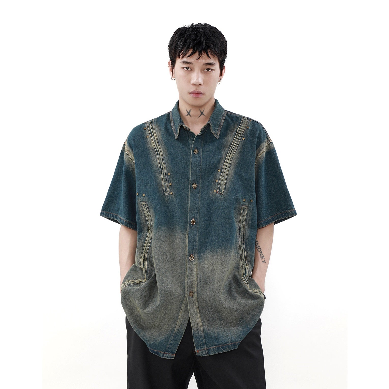 Vintage Wash Gradient Stud Design Denim Short Sleeve Shirt MR023