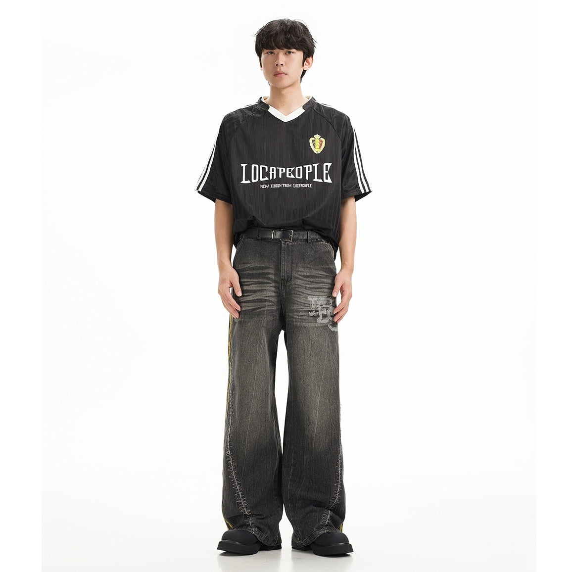 Three-bar Washed Loose Straight Jeans EAT080