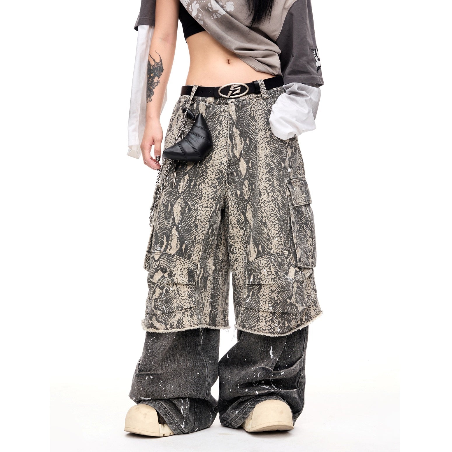 Fake Two-piece Python Print Panelled Baggy Pants MB7321