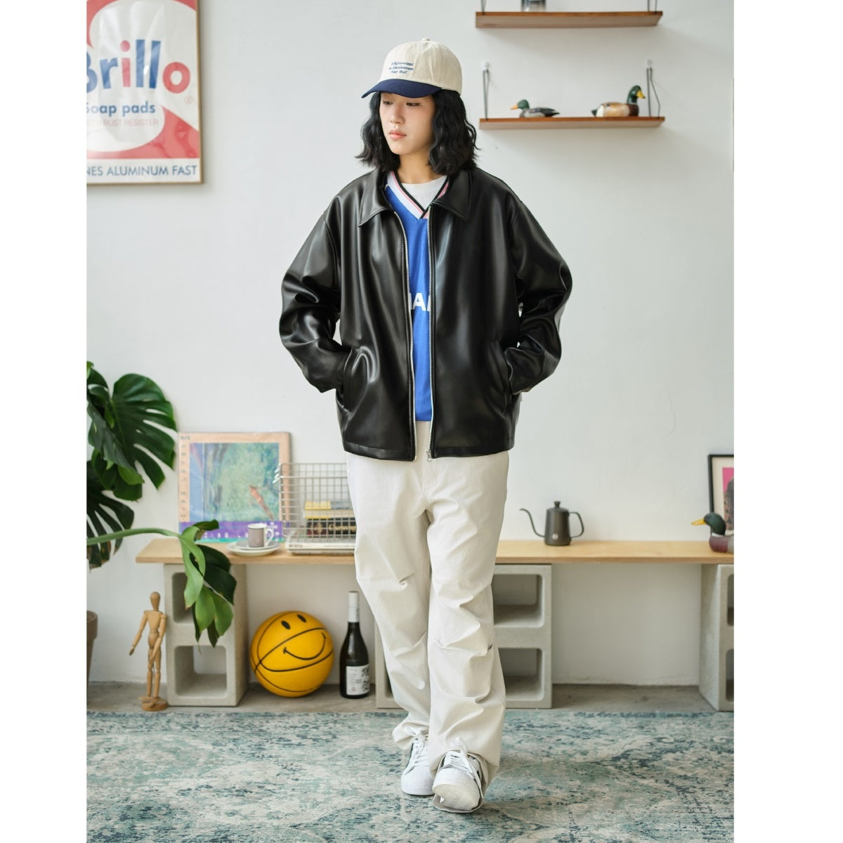 Fake Leather Embroidery Zip-up Jacket BT7001