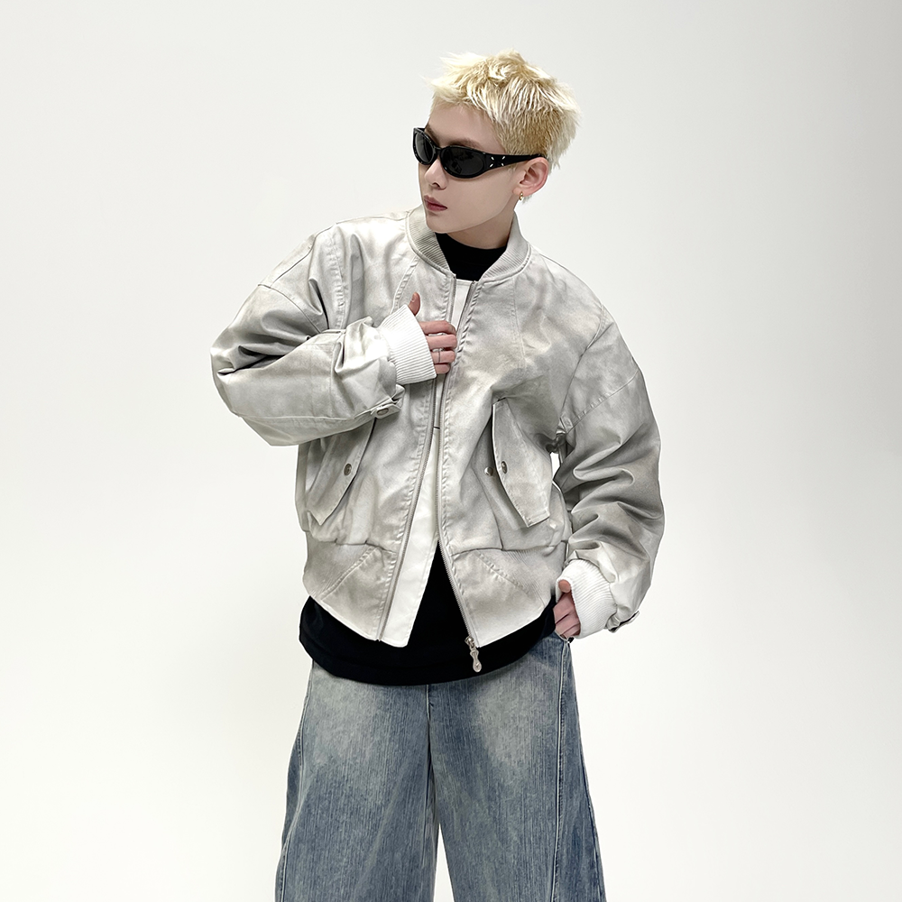 Dirty Washed Leather Baseball Jacket EAT070