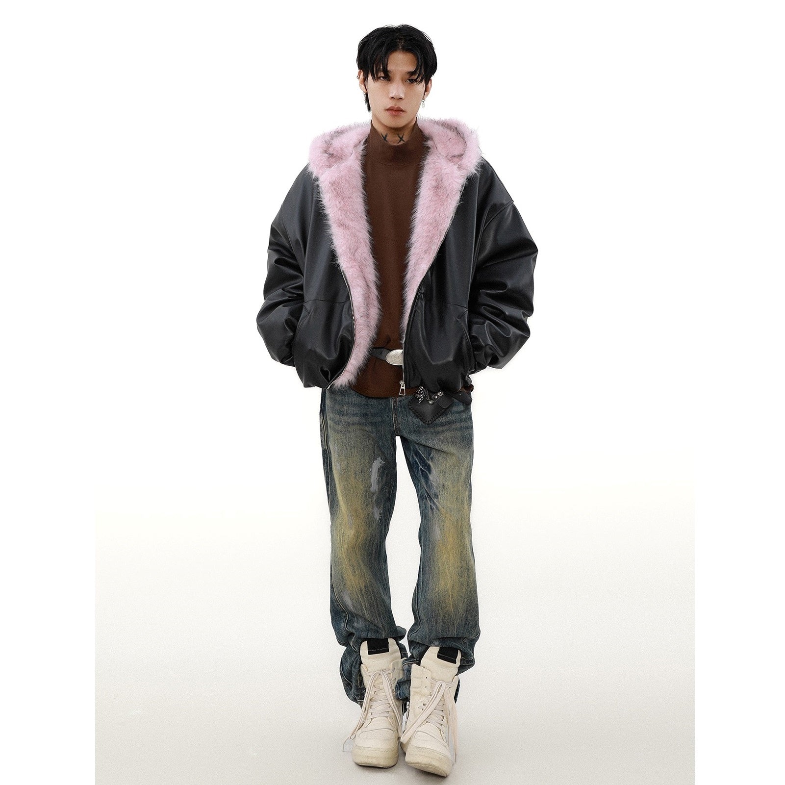 Plush PU Leather Hooded Jacket MB7294