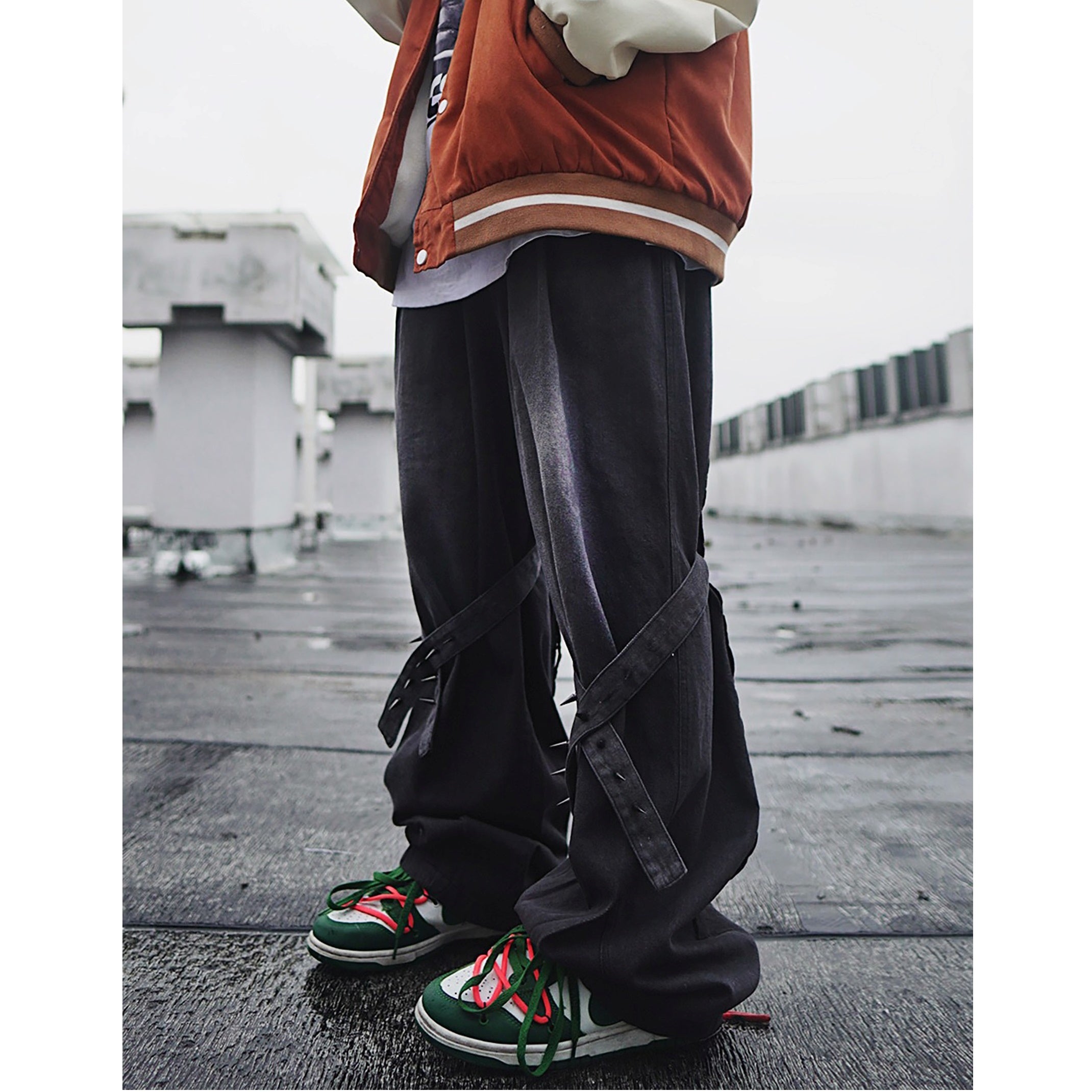 Rivet Strap Design Washed Street Wide Jeans UU7004