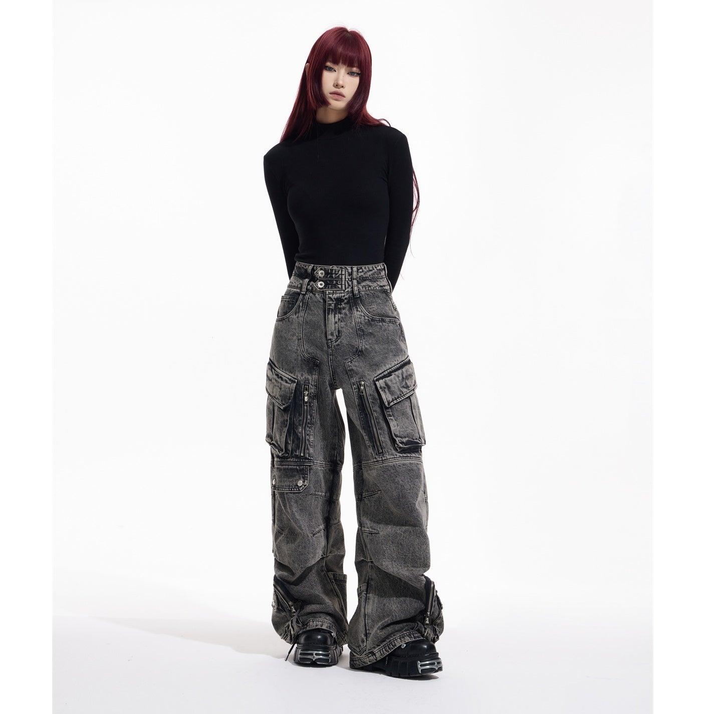 Wide-leg Double Pocket Cargo Jeans MB7028