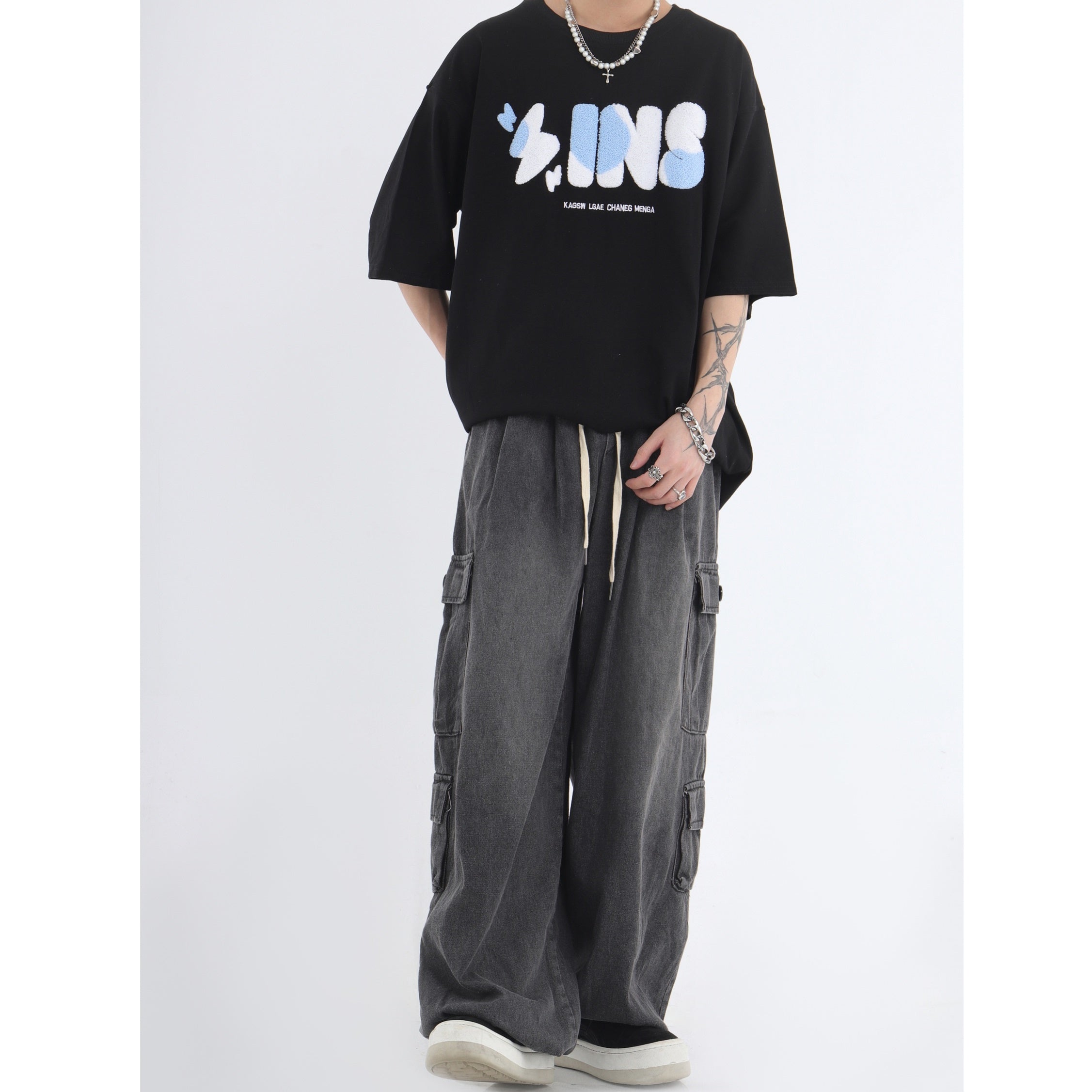 Drawstring Washed Loose Casual Cargo Jeans IN7032