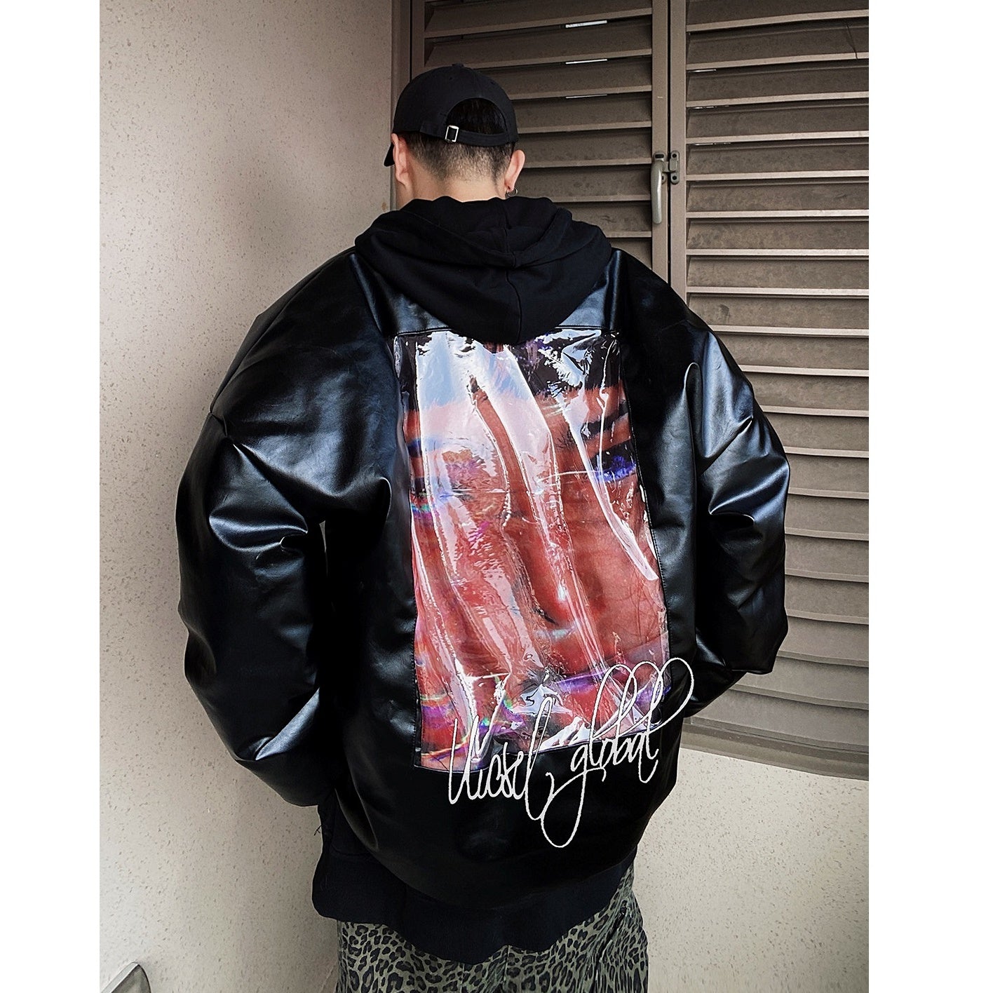 Back Print Loose PU Leather Down Jacket UU7012