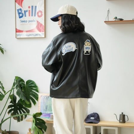 Fake Leather Embroidery Zip-up Jacket BT7001