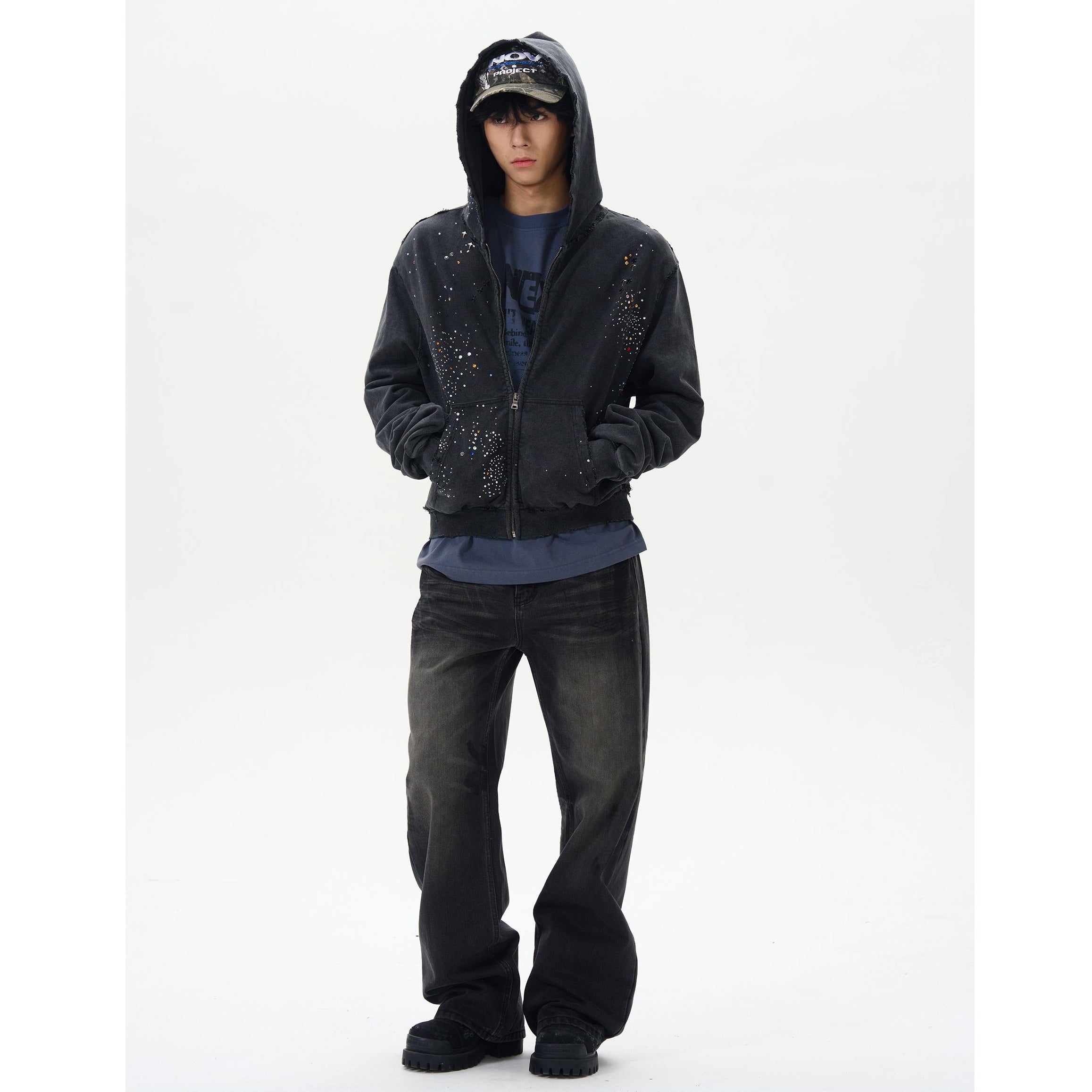 Rhinestone Zipper Hooded Sweat MB7342