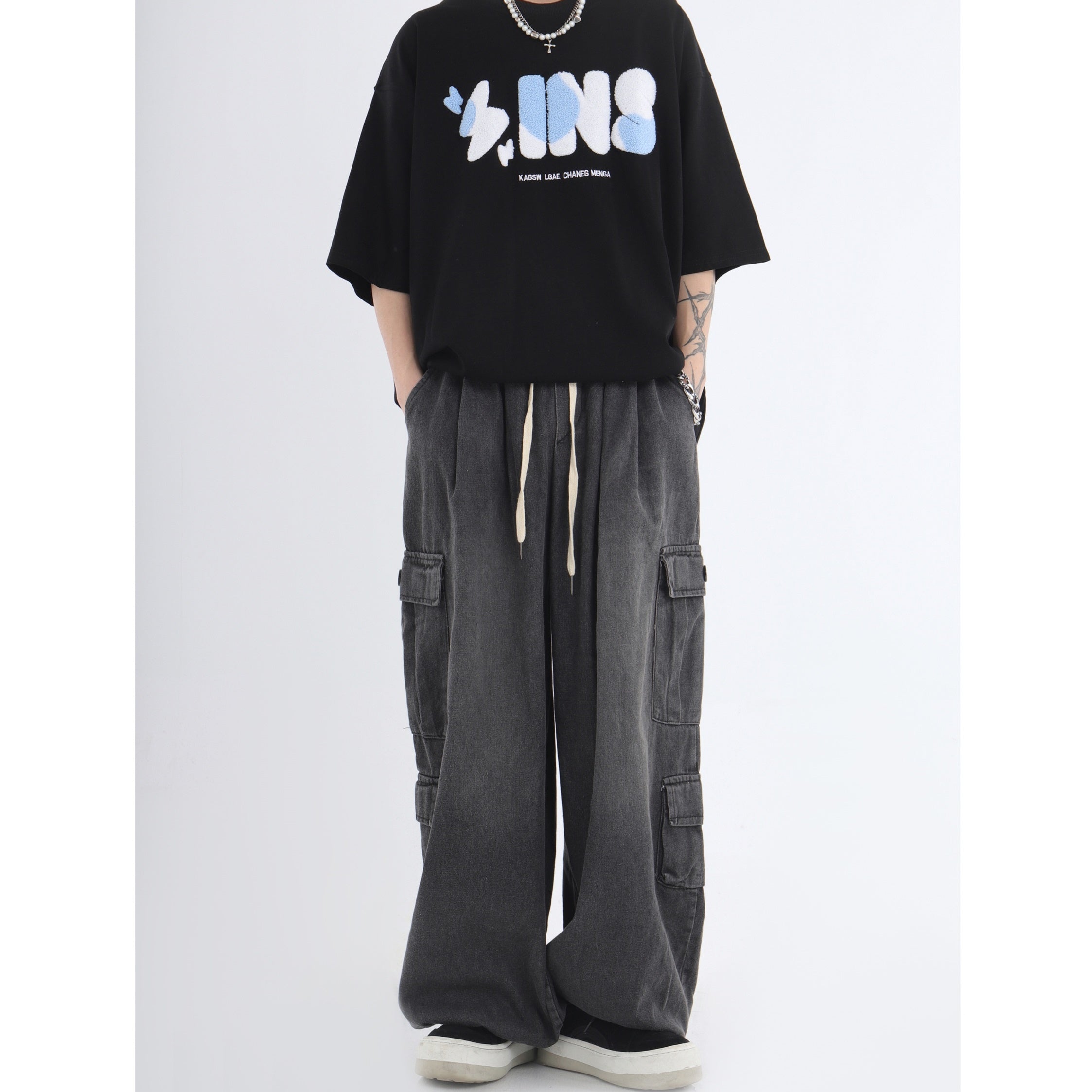 Drawstring Washed Loose Casual Cargo Jeans IN7032
