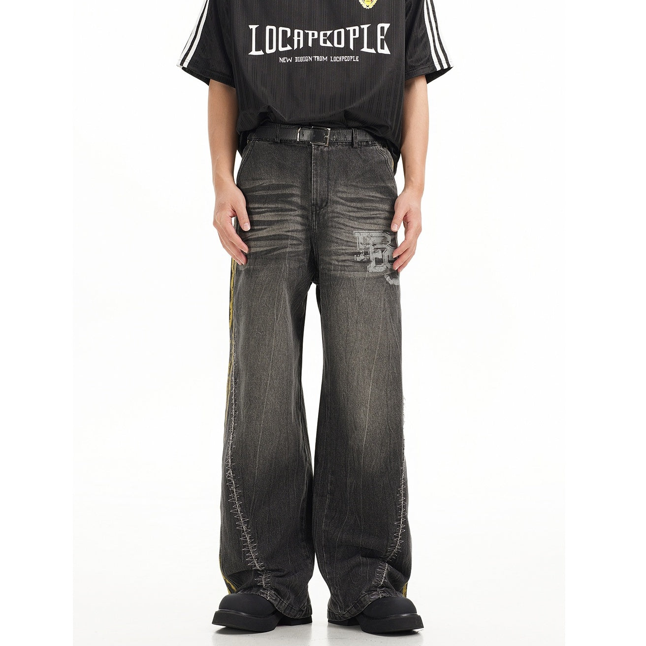 Three-bar Washed Loose Straight Jeans EAT080