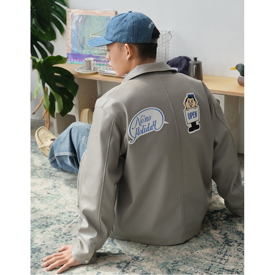 Fake Leather Embroidery Zip-up Jacket BT7001