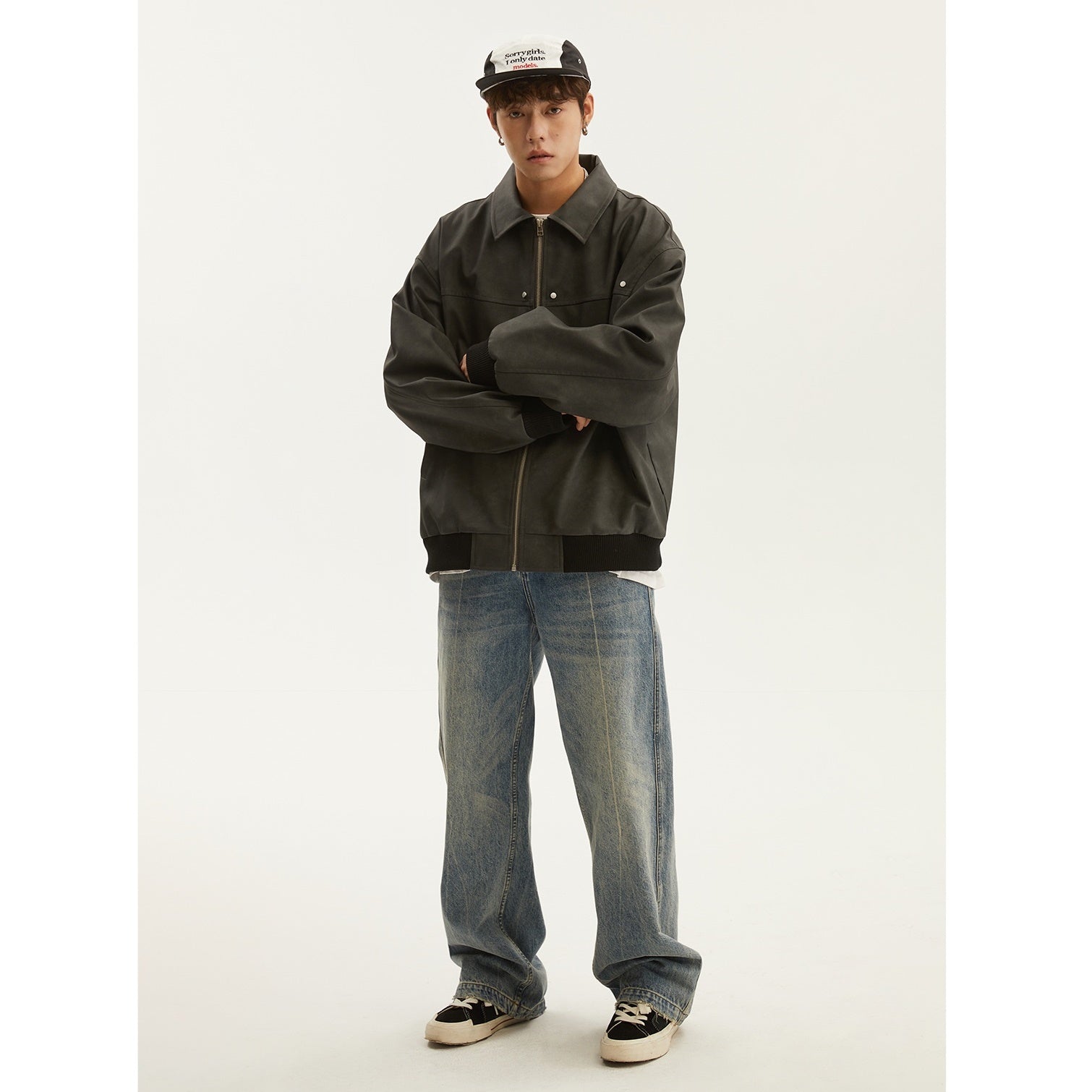 PU Leather Loose Distressed Work Jacket MB7249