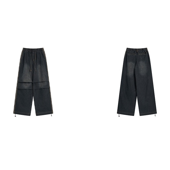 Pleated Design Side Line Wide-leg Straight Jeans MR015