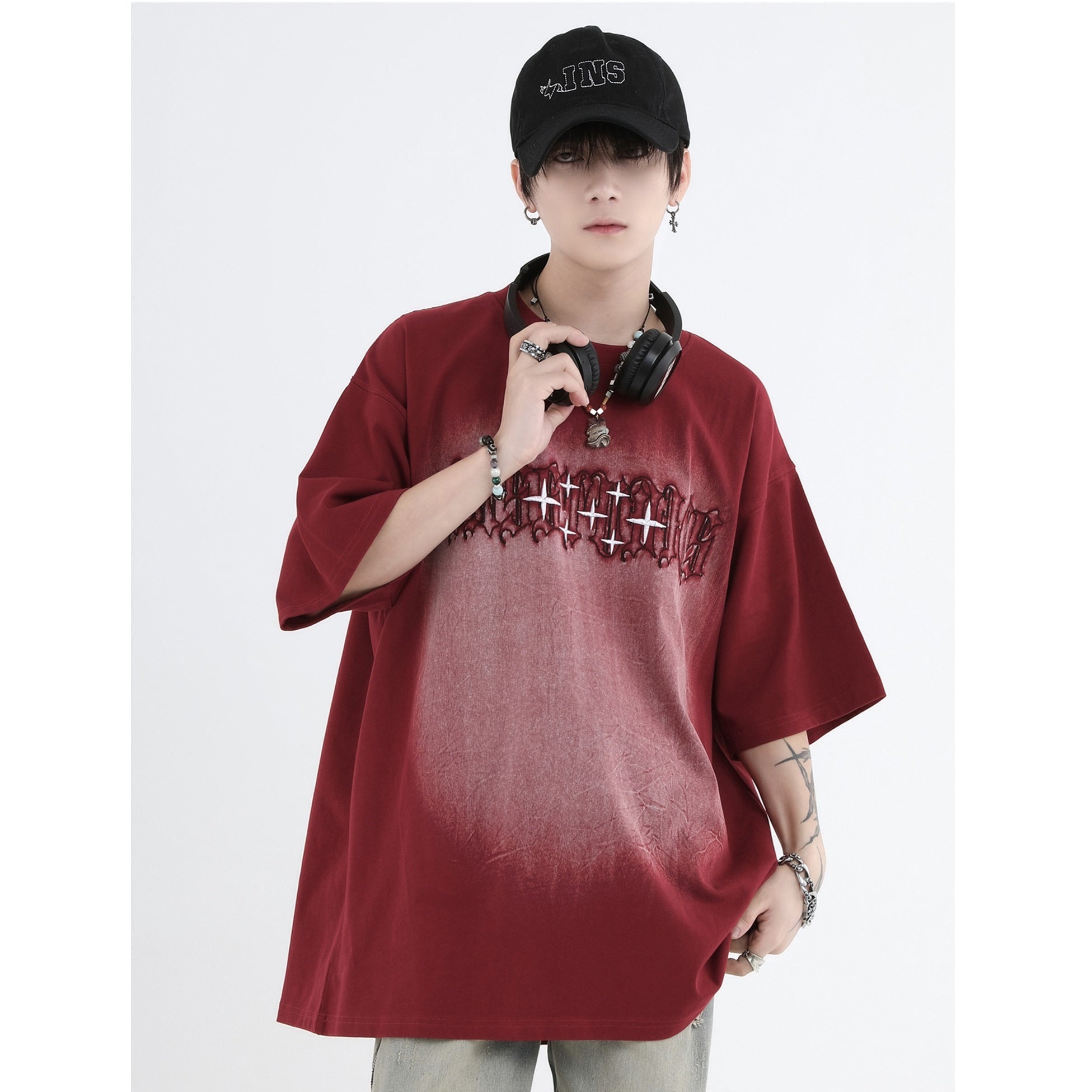 Gothic Font Embroidery LOGO Wash T-Shirt IN7011