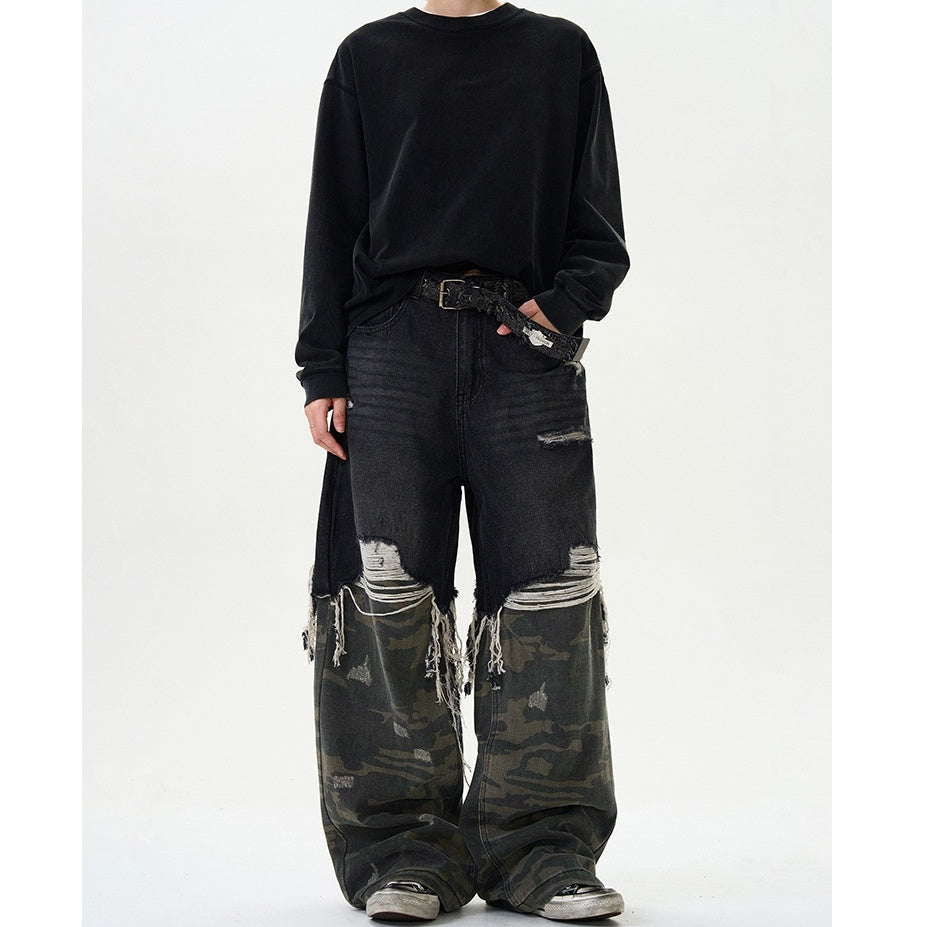 Camouflage Stitching Damage Loose Jeans MB7341