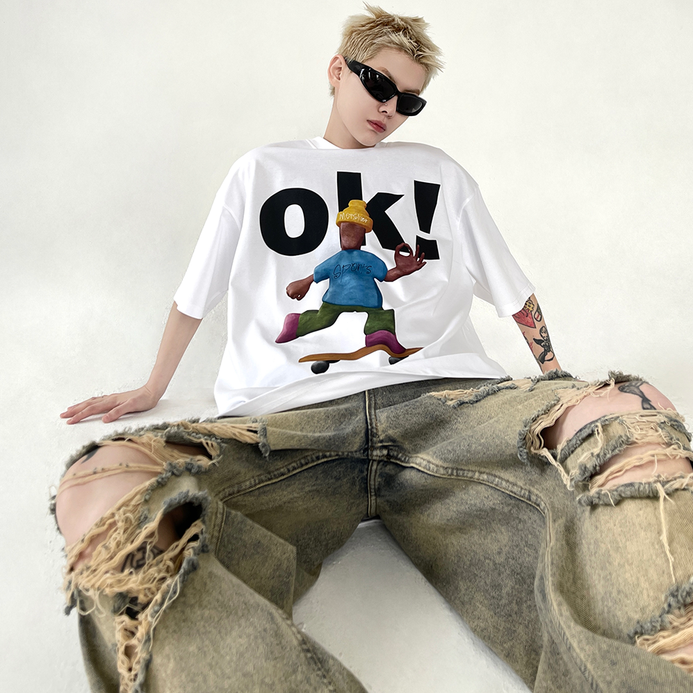 Skateboard Cartoon Print Loose T-Shirt EAT017