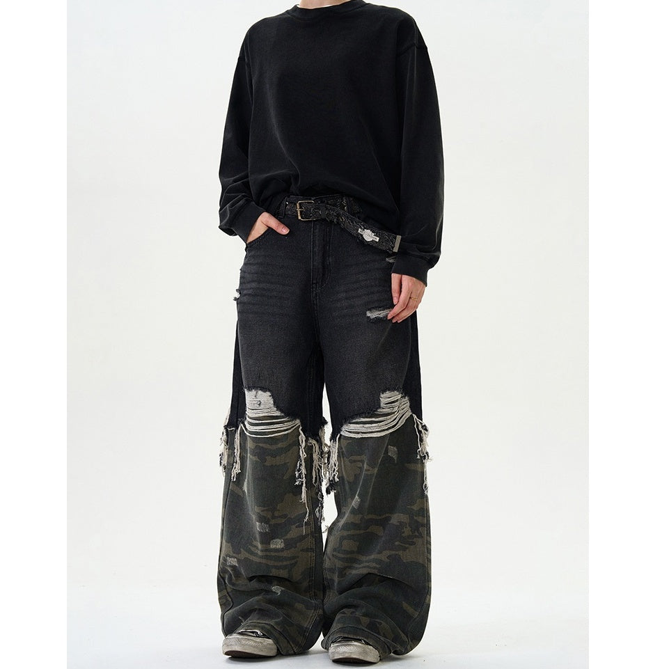 Camouflage Stitching Damage Loose Jeans MB7341