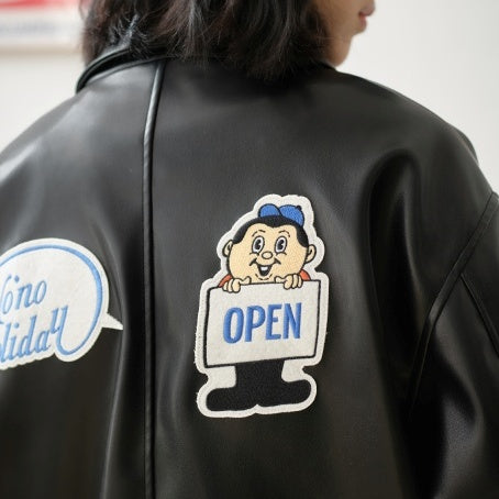 Fake Leather Embroidery Zip-up Jacket BT7001
