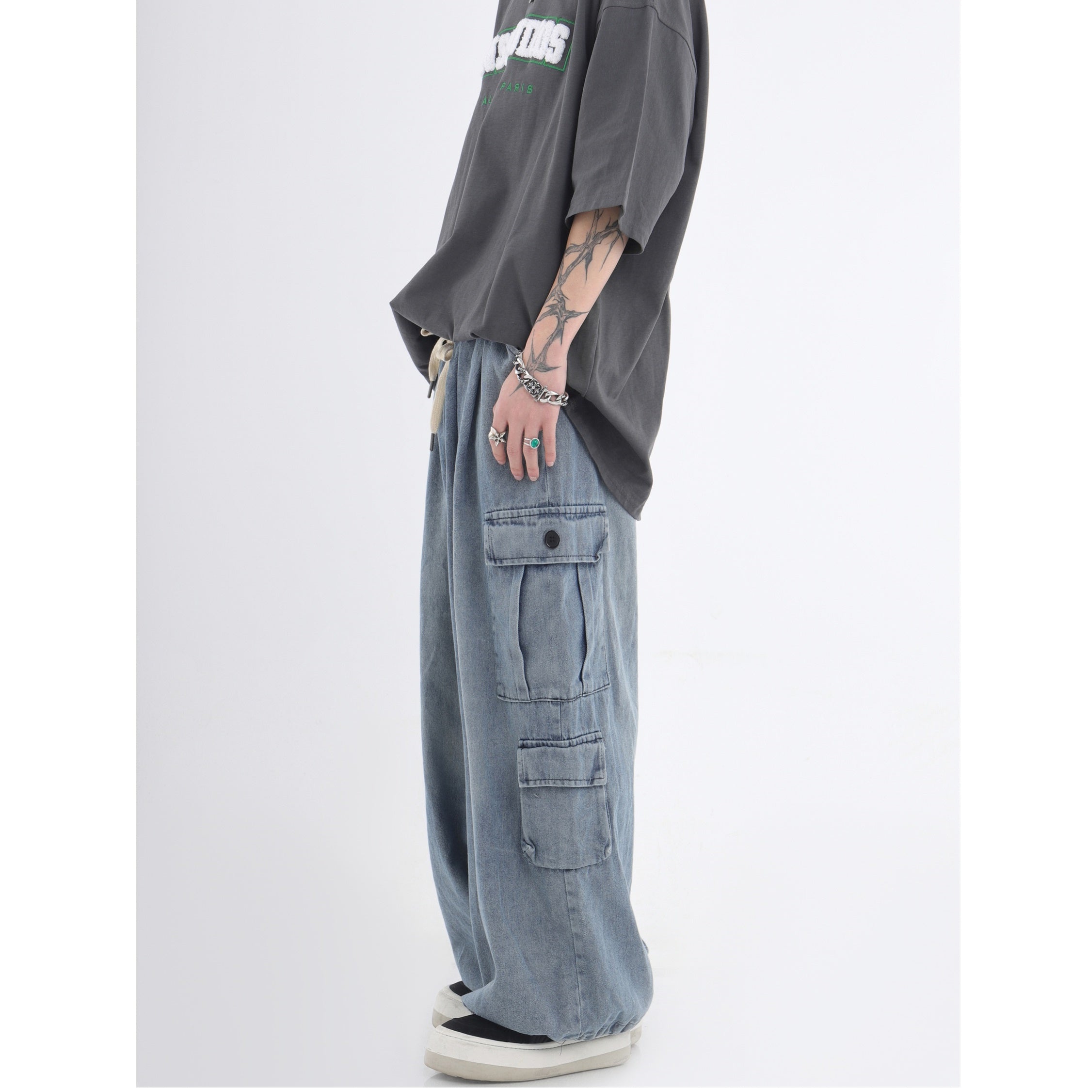Drawstring Washed Loose Casual Cargo Jeans IN7032