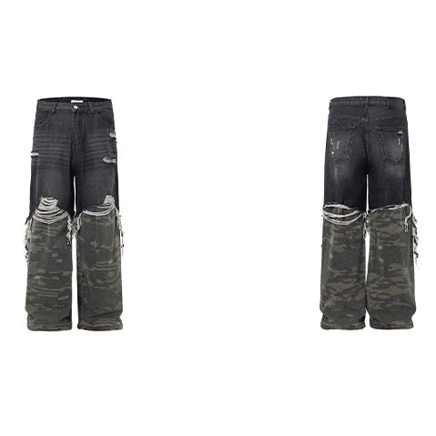 Camouflage Stitching Damage Loose Jeans MB7341