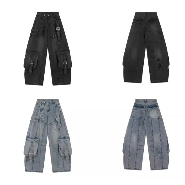 Ripped Scimitar Strap Cargo Jeans MB7343