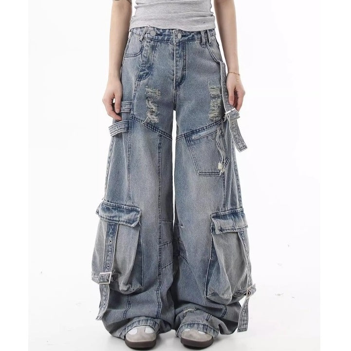 Ripped Scimitar Strap Cargo Jeans MB7343