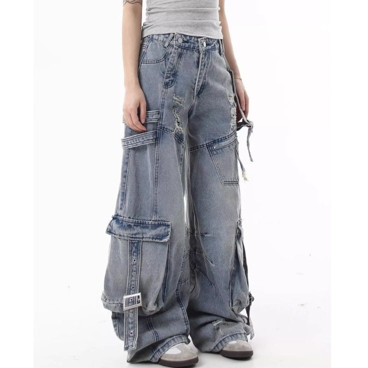 Ripped Scimitar Strap Cargo Jeans MB7343