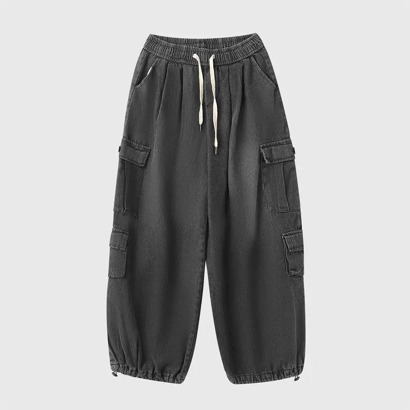 Drawstring Washed Loose Casual Cargo Jeans IN7032