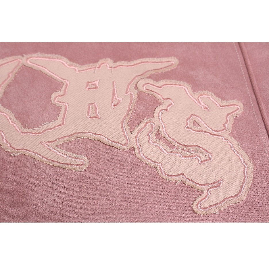 Letter Embroidered Suede Like Zipper Hoodie MB7435