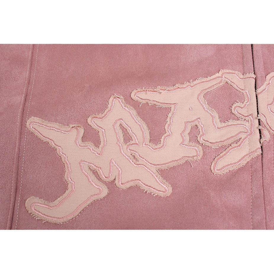 Letter Embroidered Suede Like Zipper Hoodie MB7435