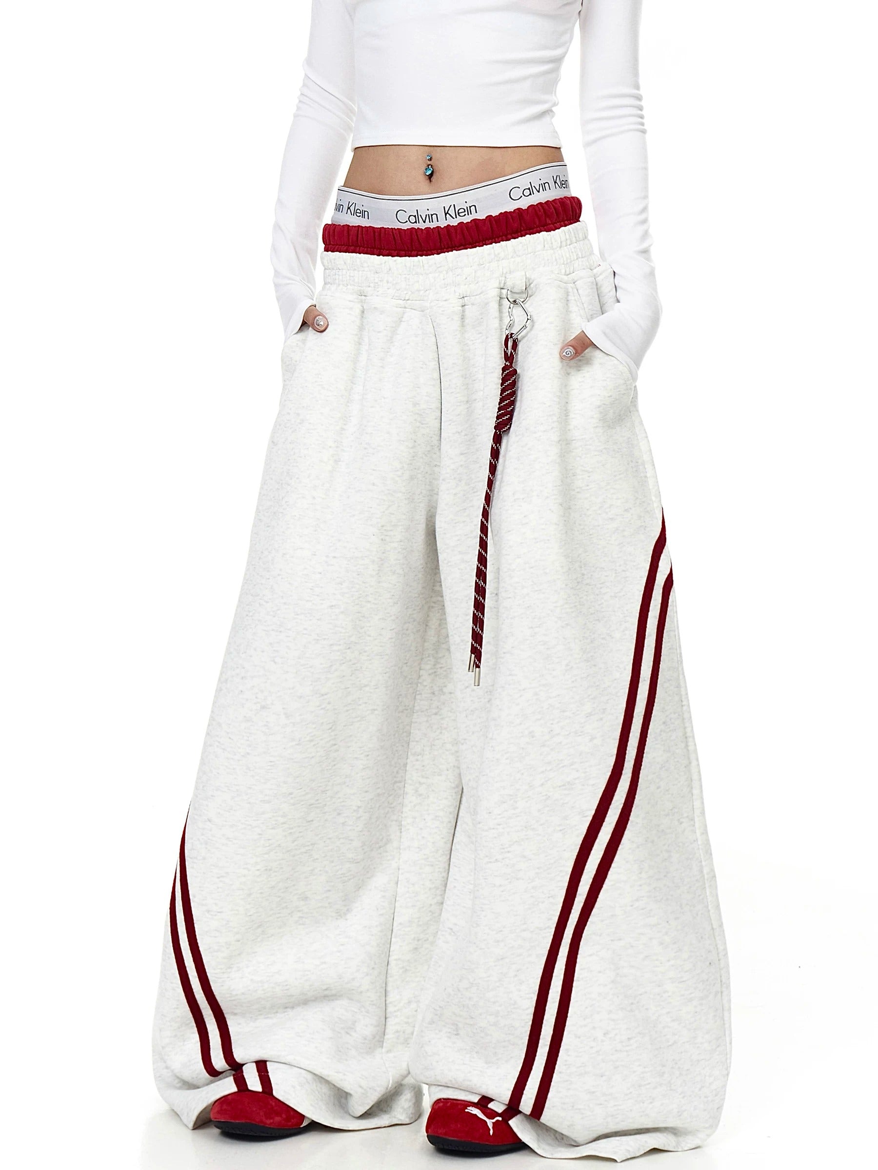 Contrasting Line Double-Waist Wide Curve Sweat Pants MB7431