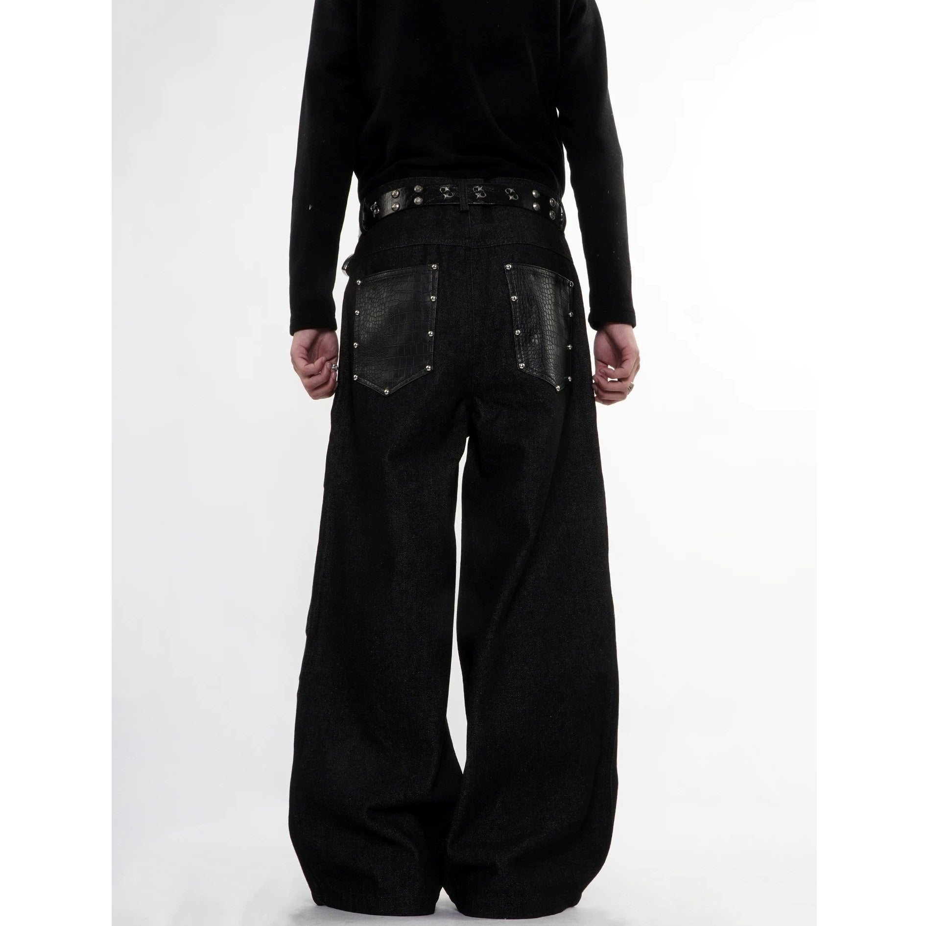 Studded Snake-Embossed Wide Denim Pants MB7411