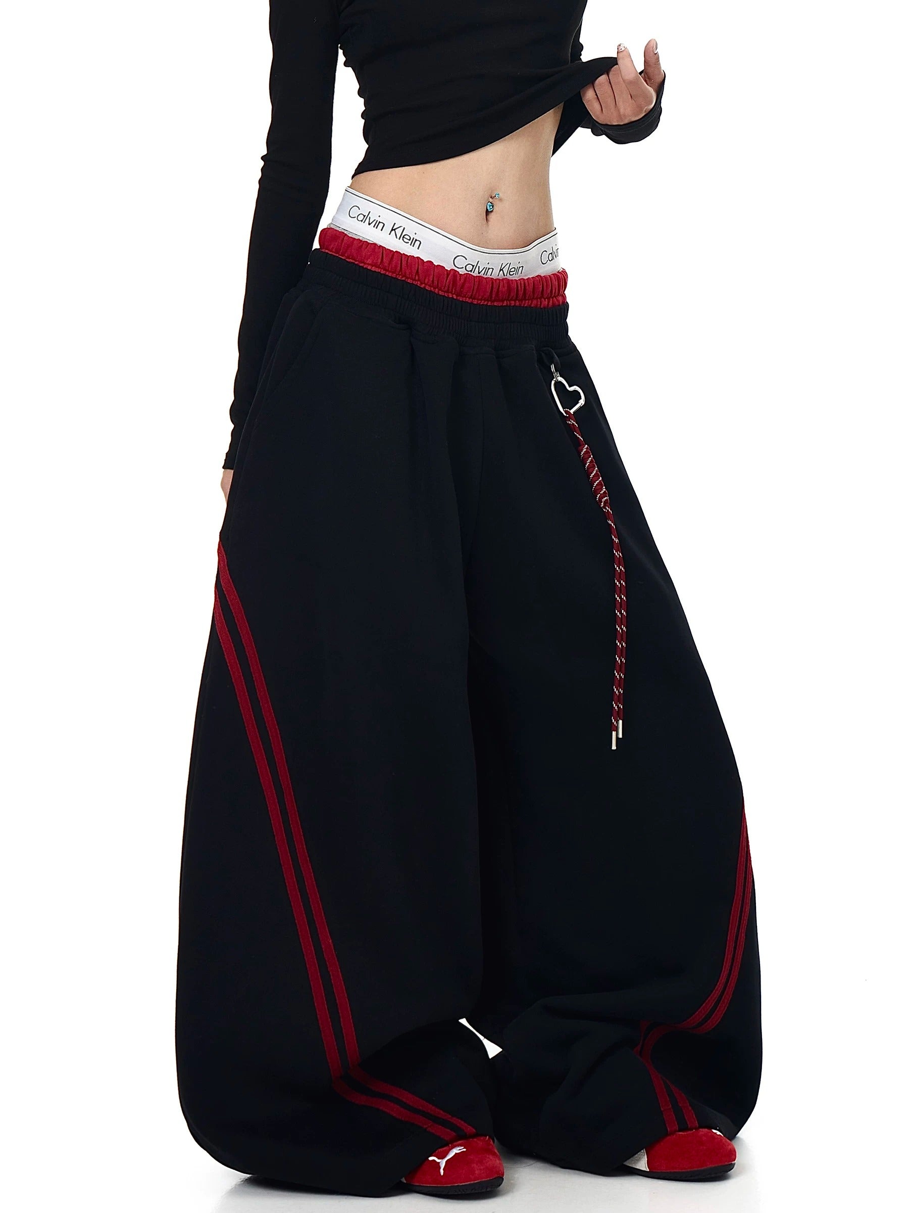 Contrasting Line Double-Waist Wide Curve Sweat Pants MB7431