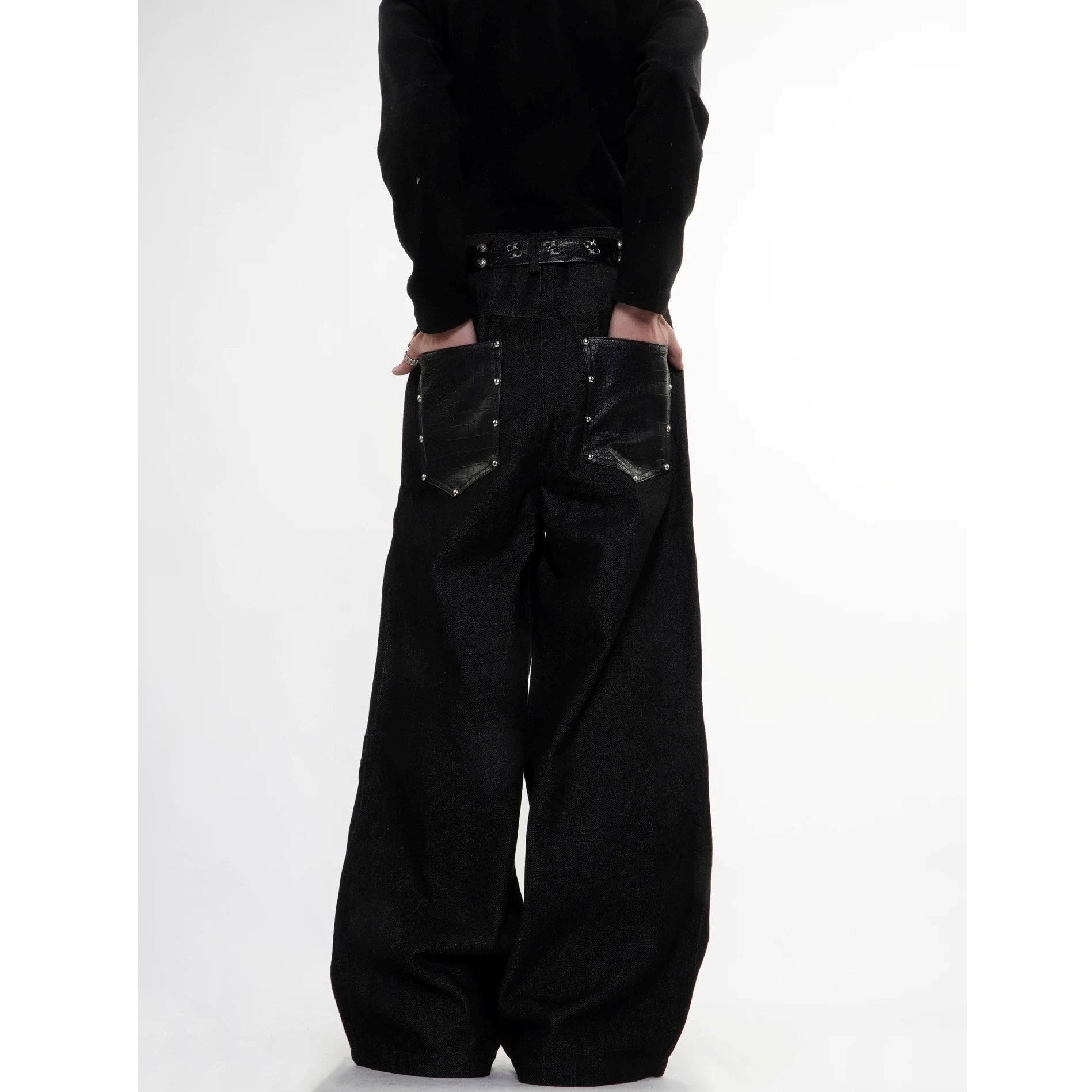 Studded Snake-Embossed Wide Denim Pants MB7411